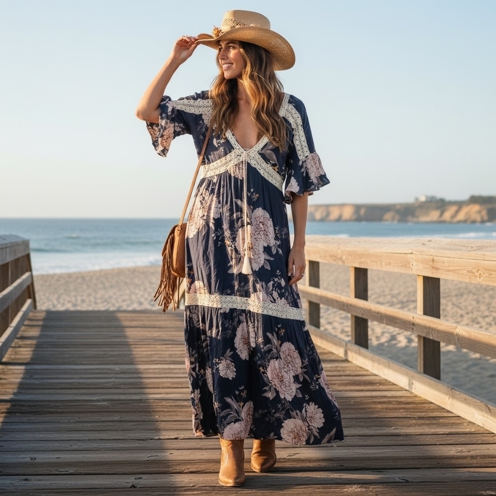 Umgee Blue Floral Tiered Maxi Dress with White Lace Trim